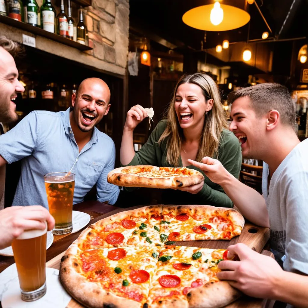 Un groupe d'amis savoure une pizza dans une pizzeria à Saint-Laurent-des-Autels