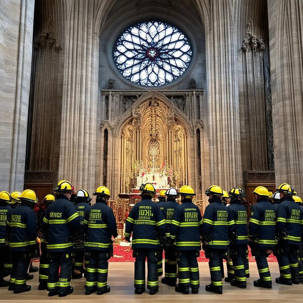 L’Image Symbolique : Les Pompiers Devant l’Autel de Notre-Dame Après l’Incendie