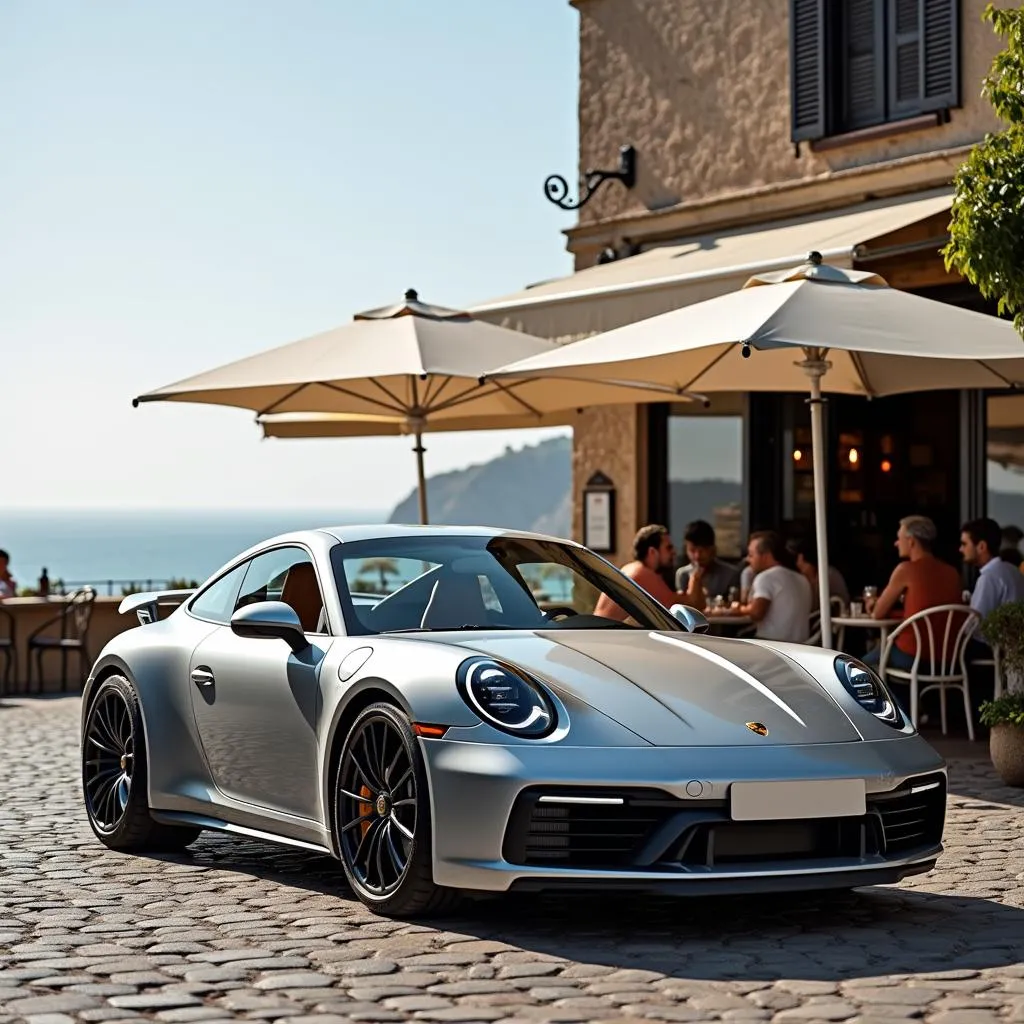 Porsche 911 garée devant un café au bord de la mer