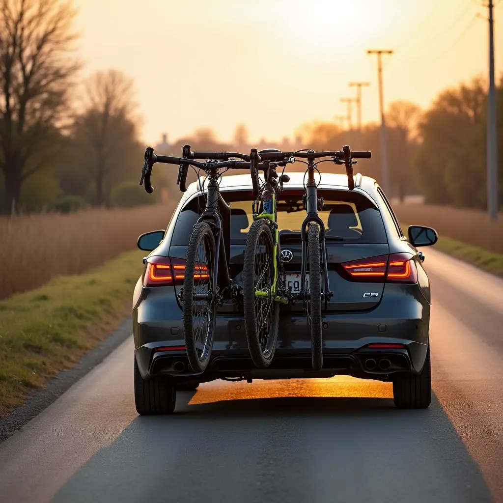 Porte-vélo voiture sur route de campagne