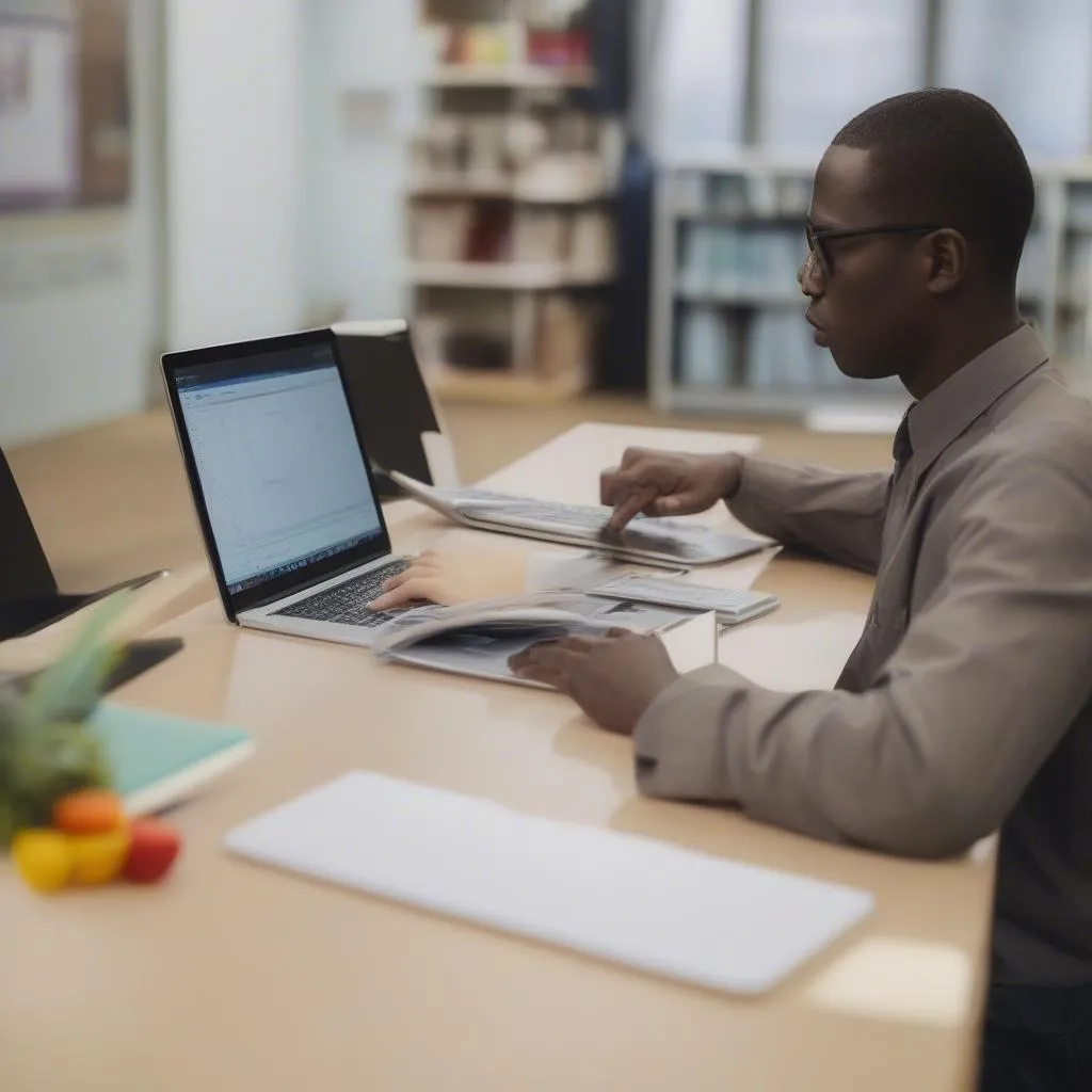 Homme utilisant un logiciel de gestion scolaire sur un ordinateur portable