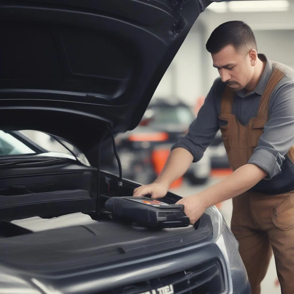 Mécanicien utilisant un pulvini autel pour réparer une voiture