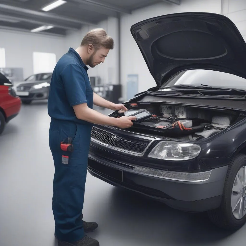 Mécanicien utilisant un Dealer Scanner pour diagnostiquer une voiture européenne