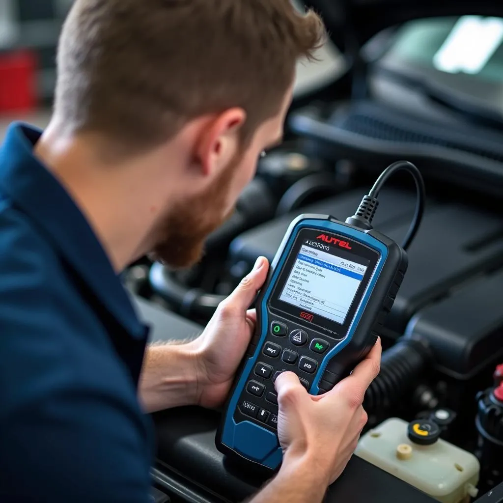 Scanner Autel diagnostiquant un moteur de voiture