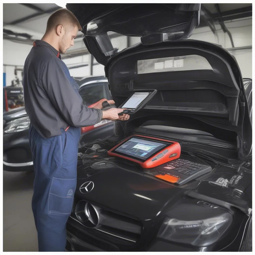 Mécanicien utilisant un scanner Autel pour diagnostiquer une Mercedes-Benz dans un atelier