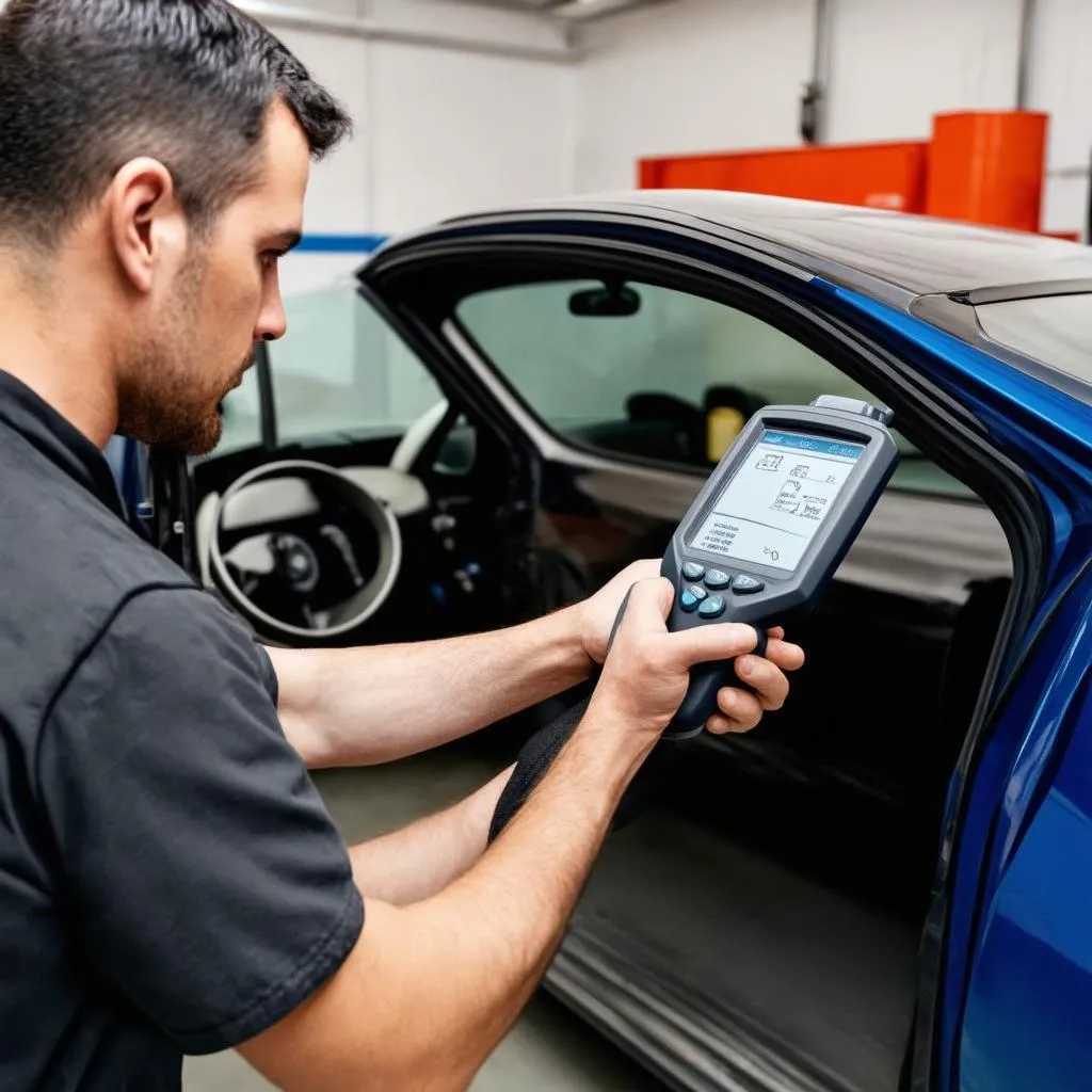 Un mécanicien utilisant un scanner automobile moderne pour diagnostiquer un véhicule dans un atelier.