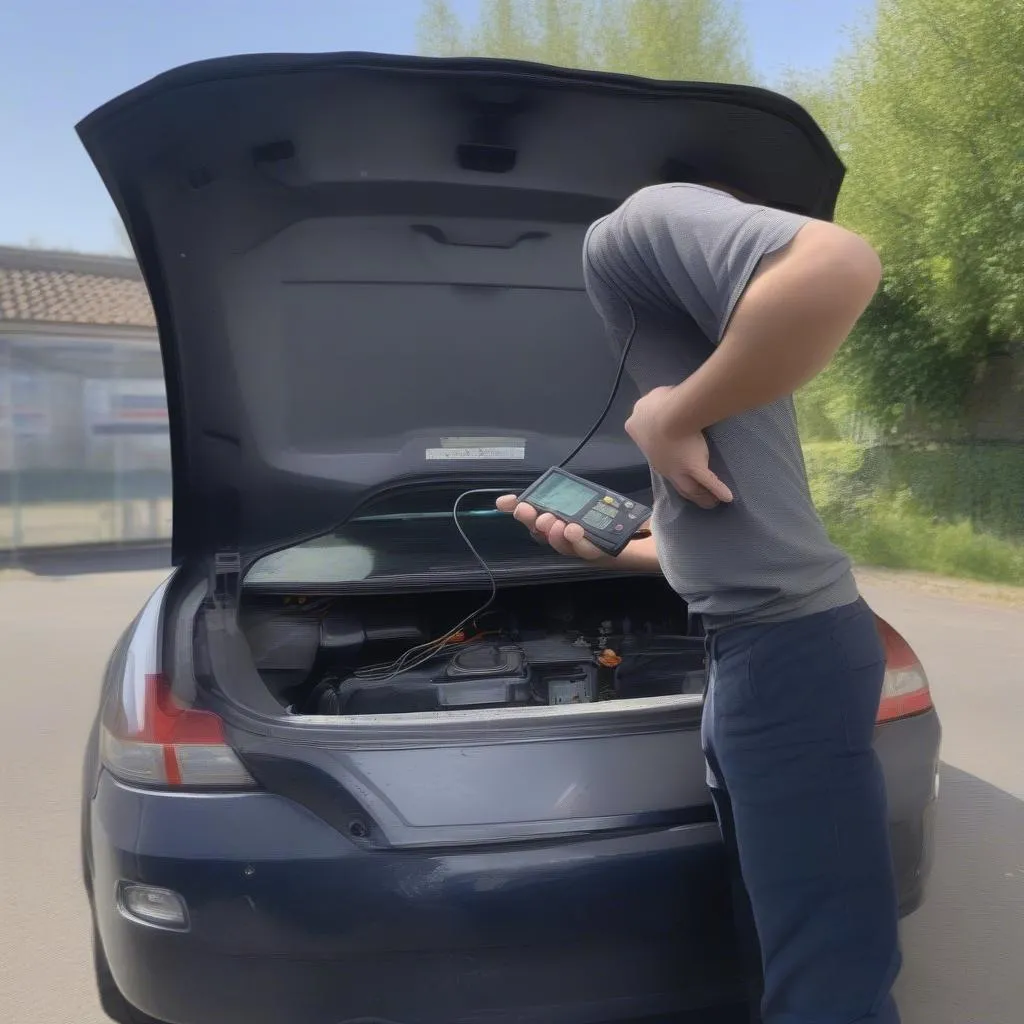 Un client utilise un scanner OBD pour vérifier l'état général d'une voiture d'occasion à Lyon