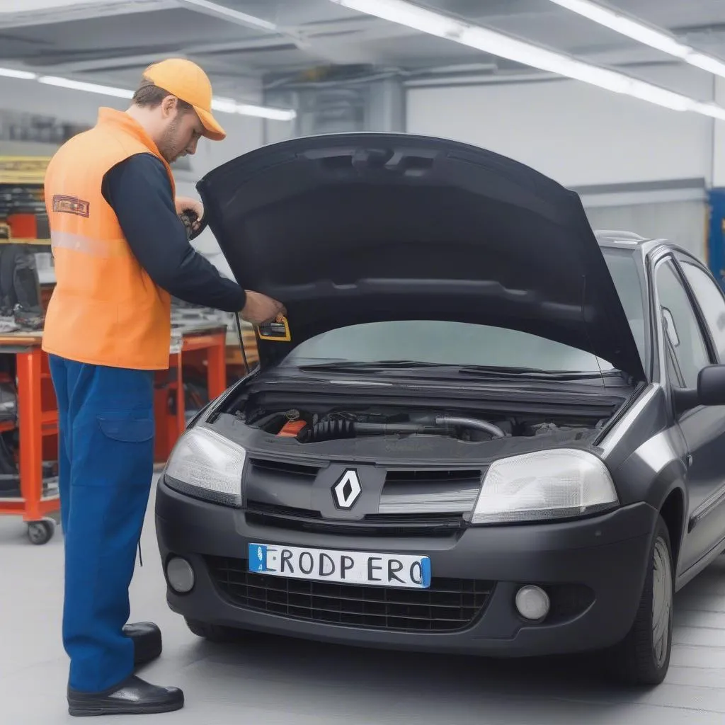 Un mécanicien utilisant un scanner OBD sur une voiture Renault à Paris