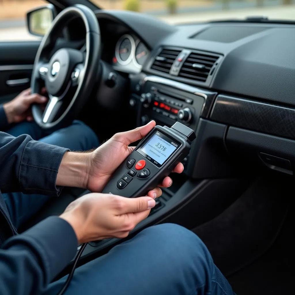 Scanner OBD2 branché sur le port diagnostique d'une BMW