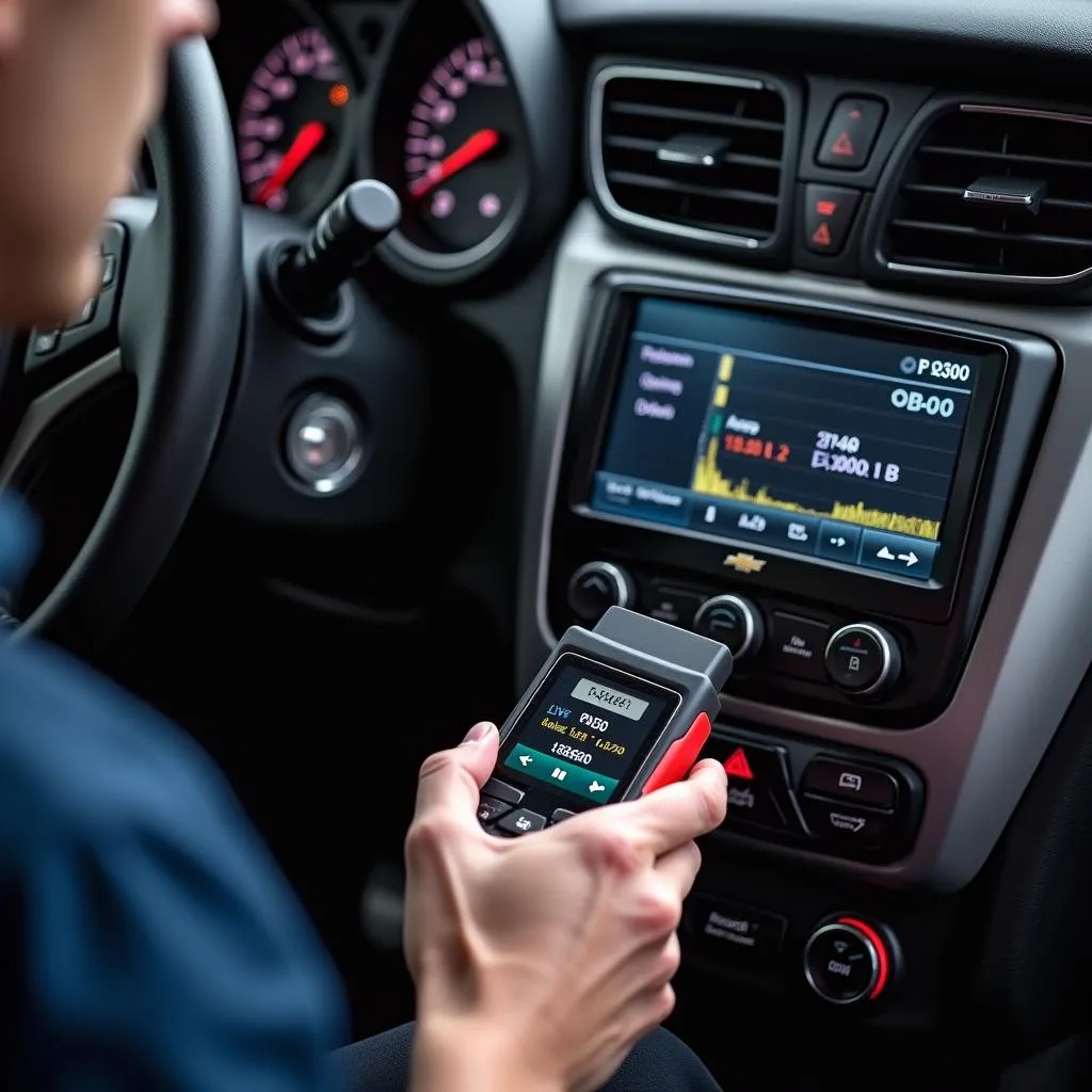 Scanner OBD2 branché sur une Chevy pour diagnostiquer un code P0300