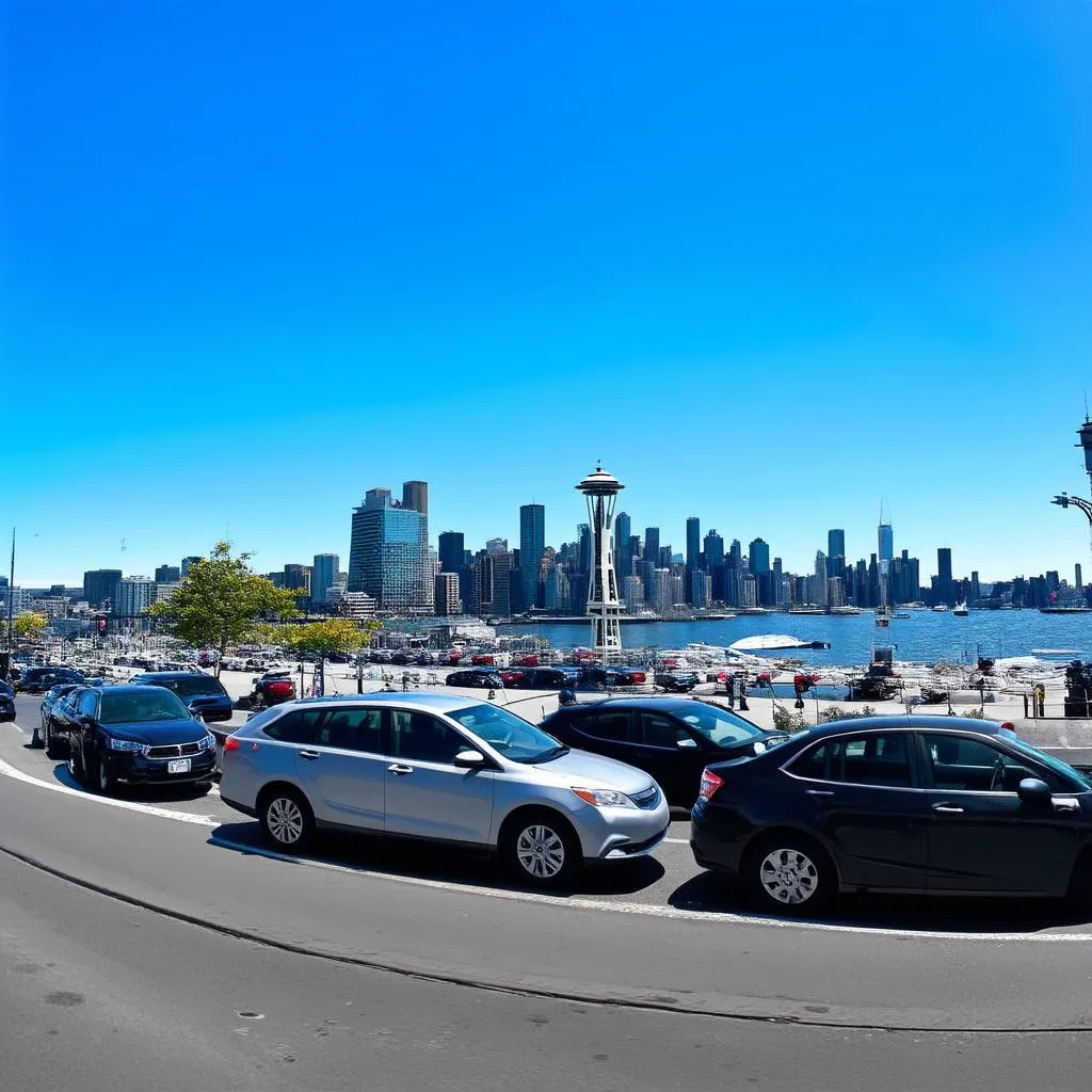 Vue panoramique du front de mer de Seattle avec des voitures garées sur la route