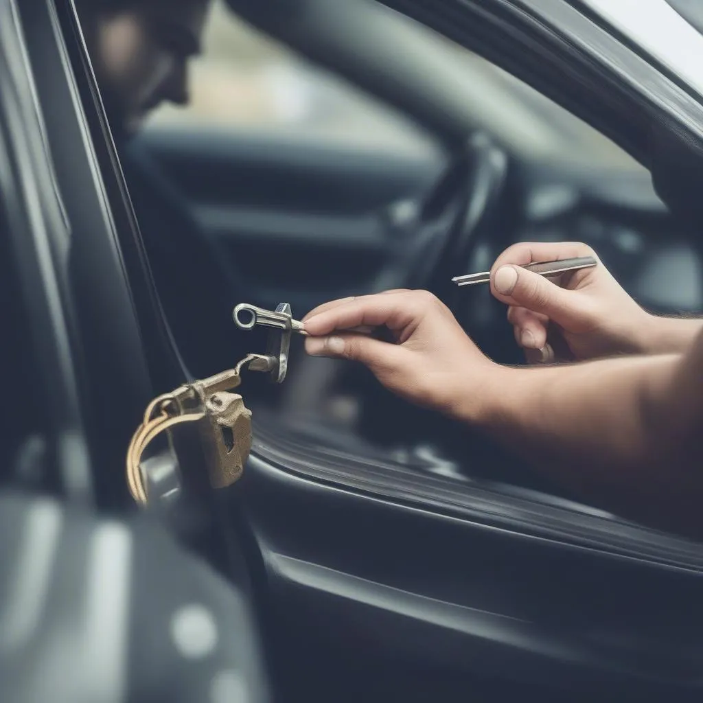 Un serrurier automobile travaille sur la serrure d'une voiture