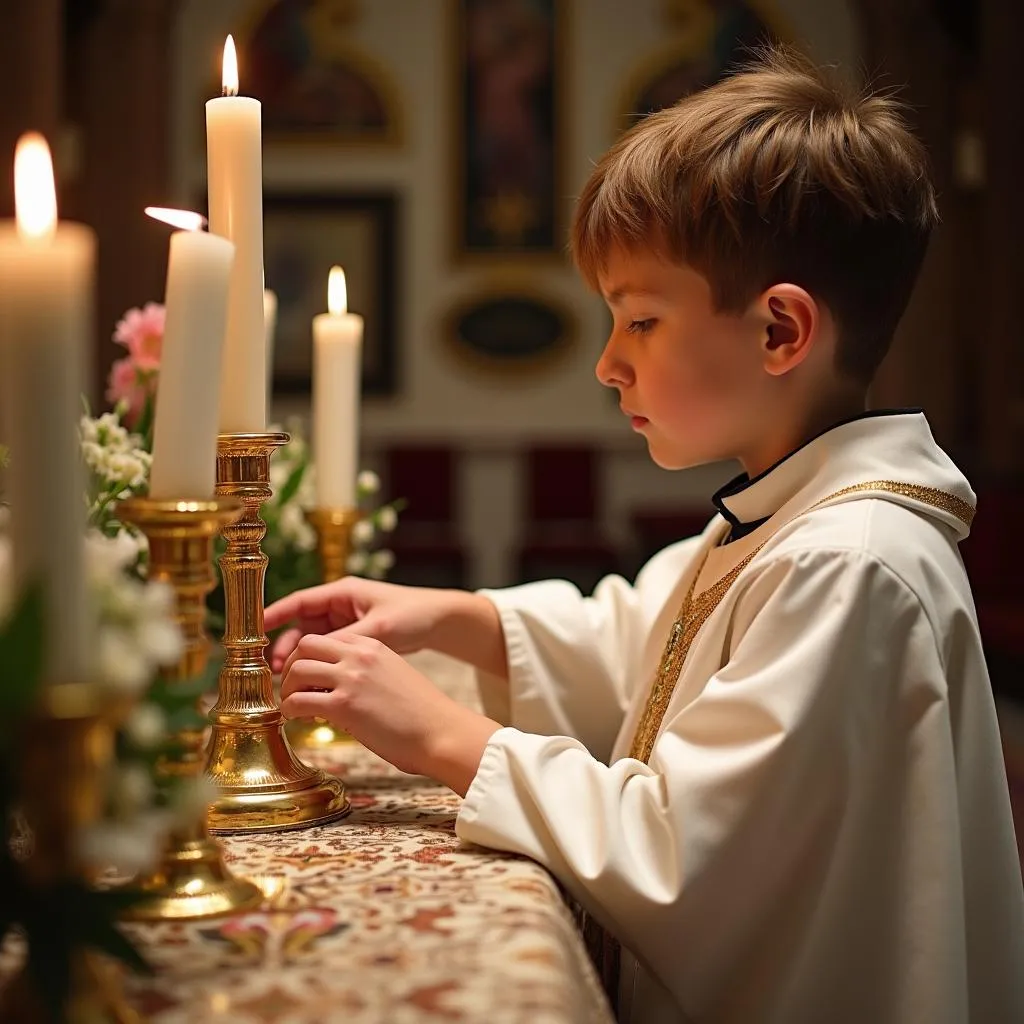 Un servant d'autel prépare la messe