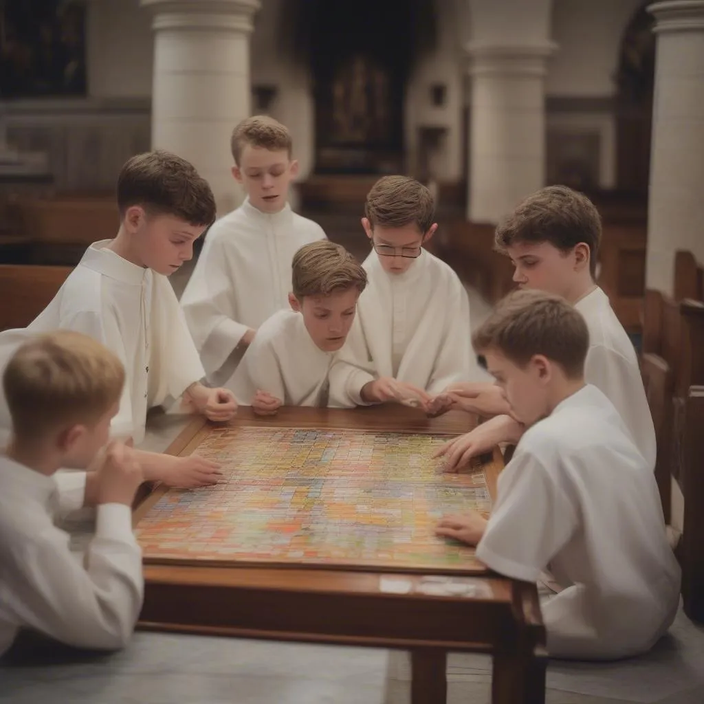 Servants d'autel jouant à un jeu de plateau dans une église