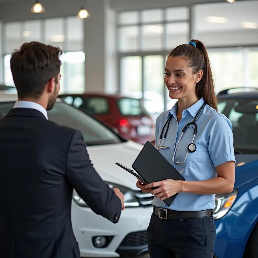 Représentant du service client automobile aidant un client