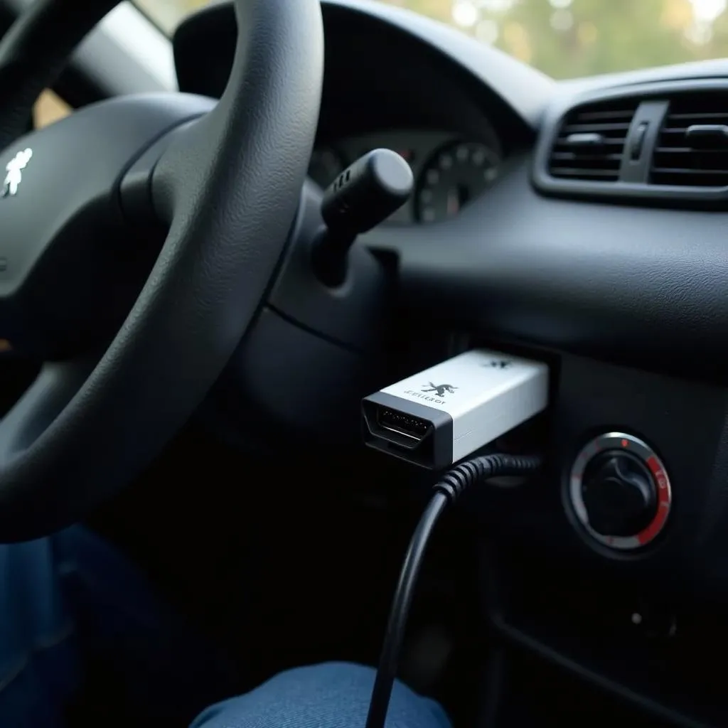 Simulateur de bruit moteur OBD branché sur une Peugeot