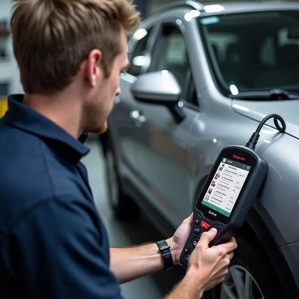 Mécanicien utilisant le Snap-on Solus Plus dans un garage