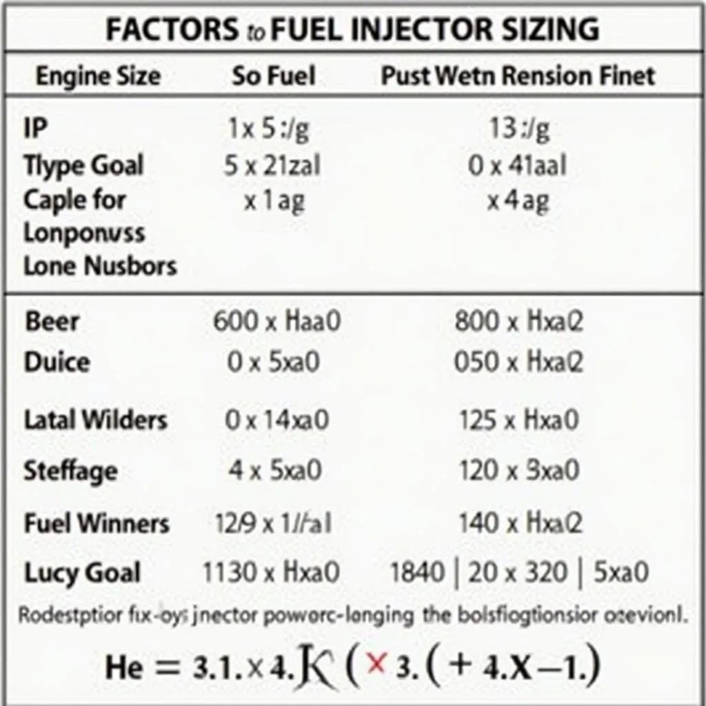 Tableau de calcul de la taille des injecteurs