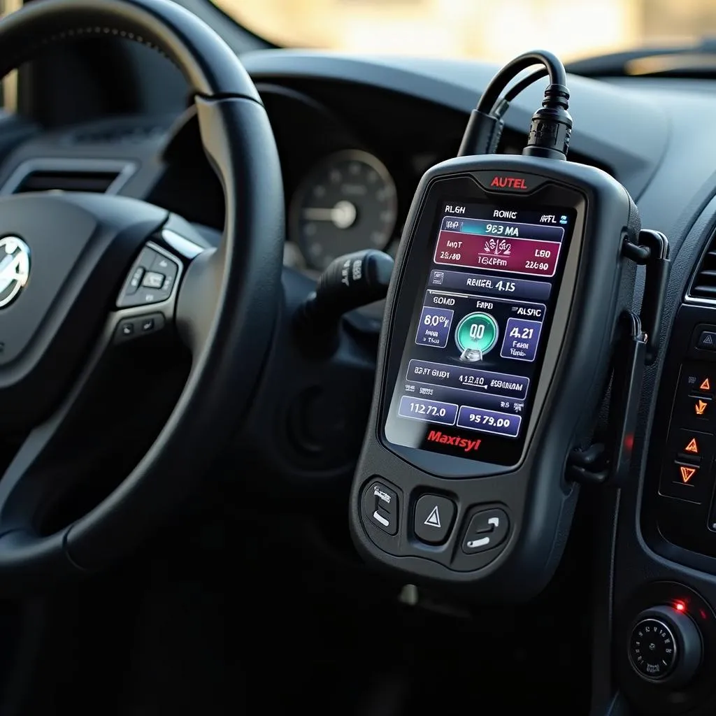 Tableau de bord d'une voiture connectée à un outil de diagnostic Autel MaxiSys