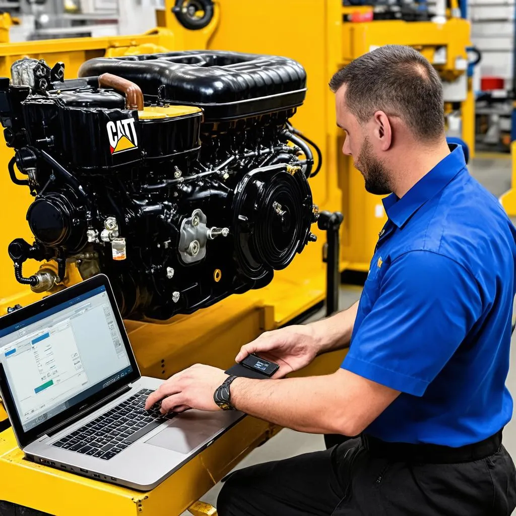 Un technicien utilise un ordinateur portable et le CAT Comm Adapter 3 pour diagnostiquer un problème sur un moteur Caterpillar.