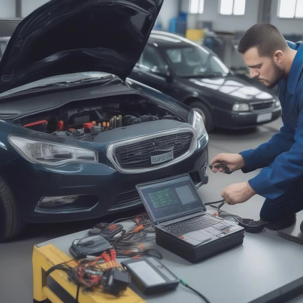 Mécanicien utilisant un générateur de mots de passe pour voiture