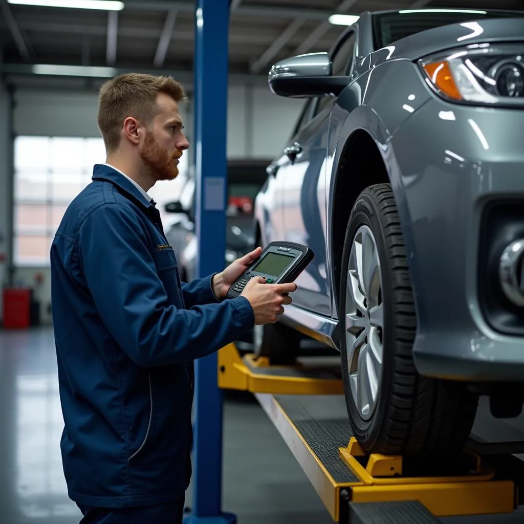 Technicien automobile effectuant un diagnostic électronique