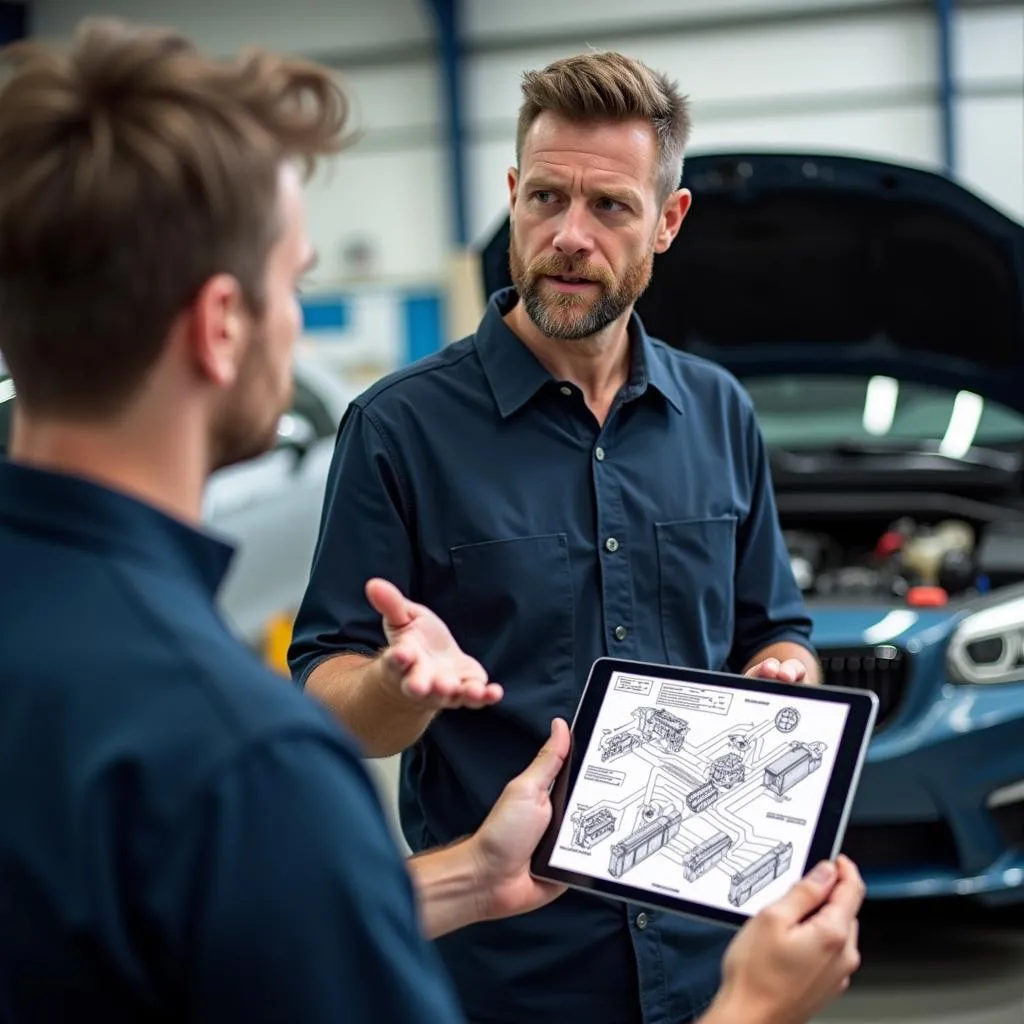 Technicien automobile expliquant un problème à un client