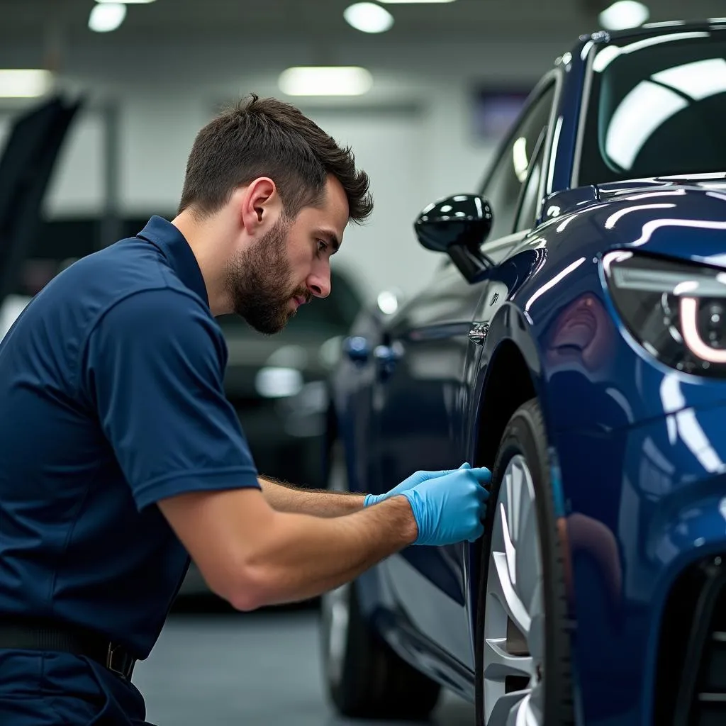 Technicien automobile français travaillant sur une voiture moderne