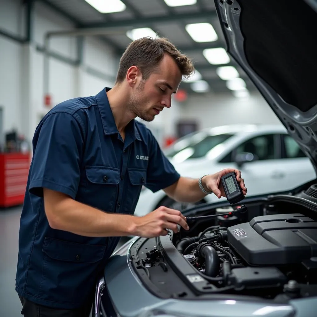 Un technicien automobile examine une voiture dans un garage à Ormes