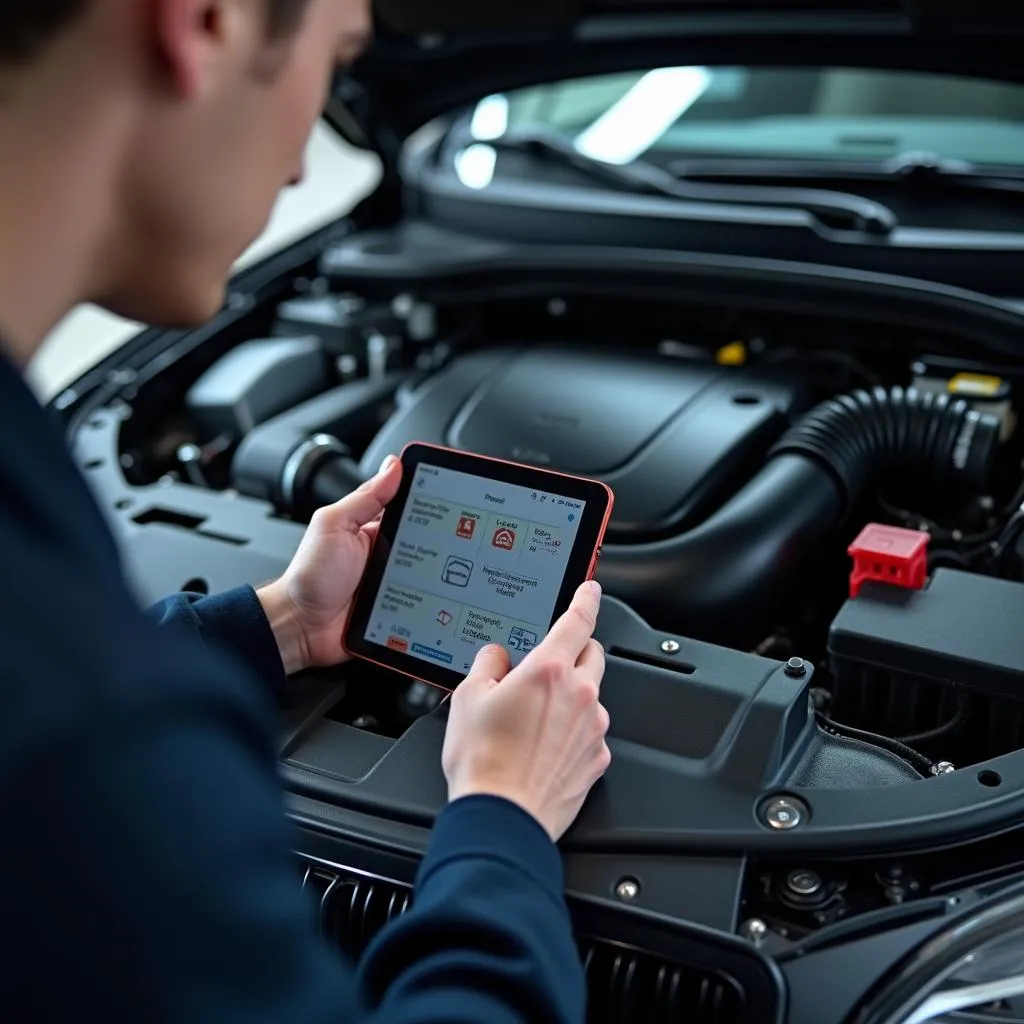 Technicien automobile utilisant une tablette numérique pour diagnostiquer un problème de moteur