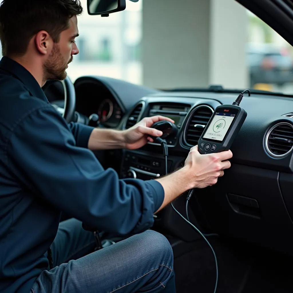 Technicien utilisant un outil de diagnostic sur une voiture