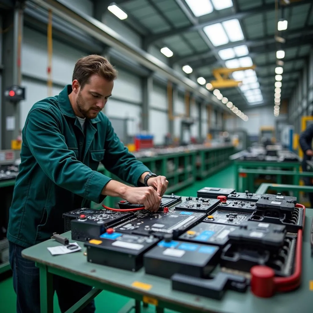 Technicien de recyclage automobile travaillant sur un véhicule électrique