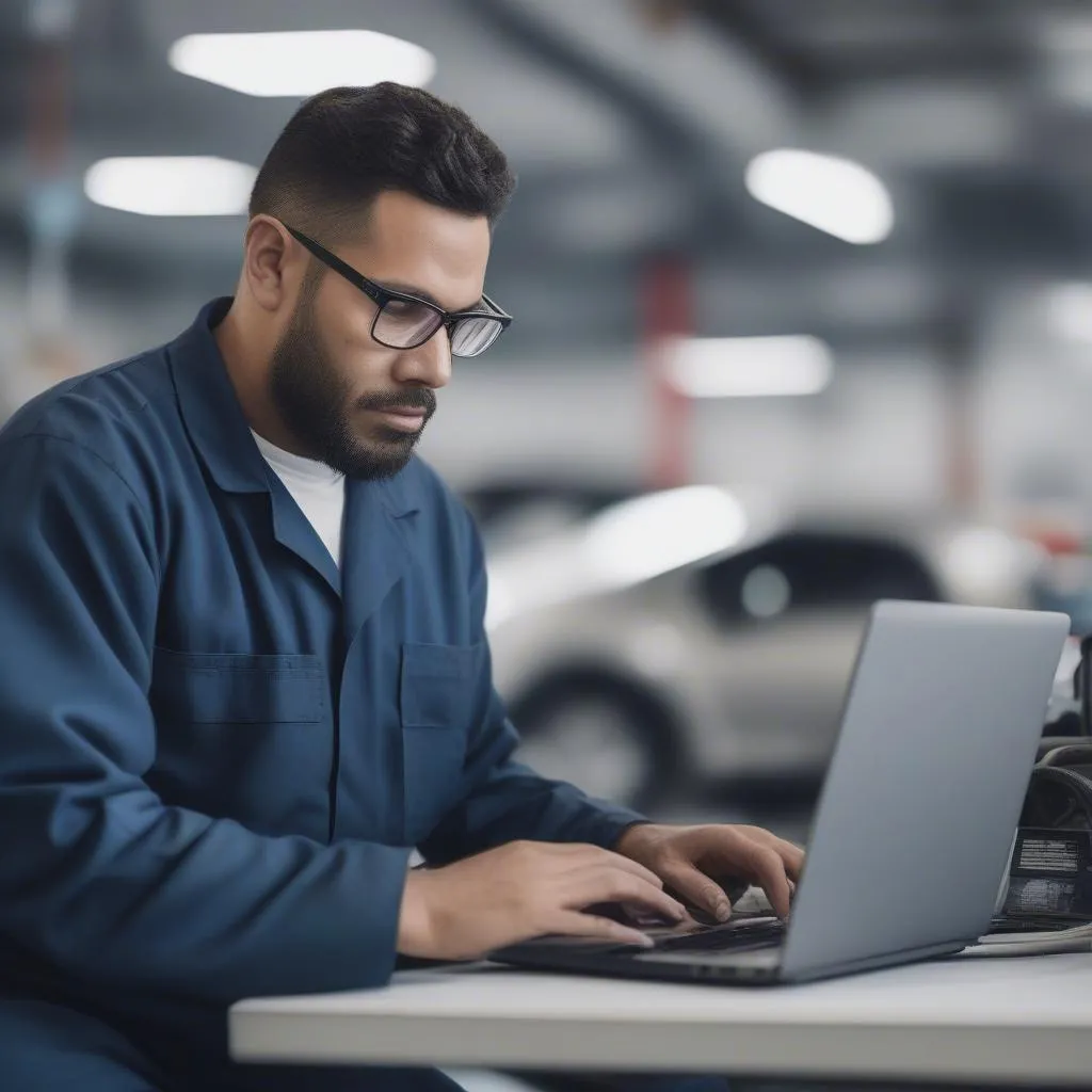 Technicien utilisant un Ordinateur Portable pour Diagnostiquer une Voiture