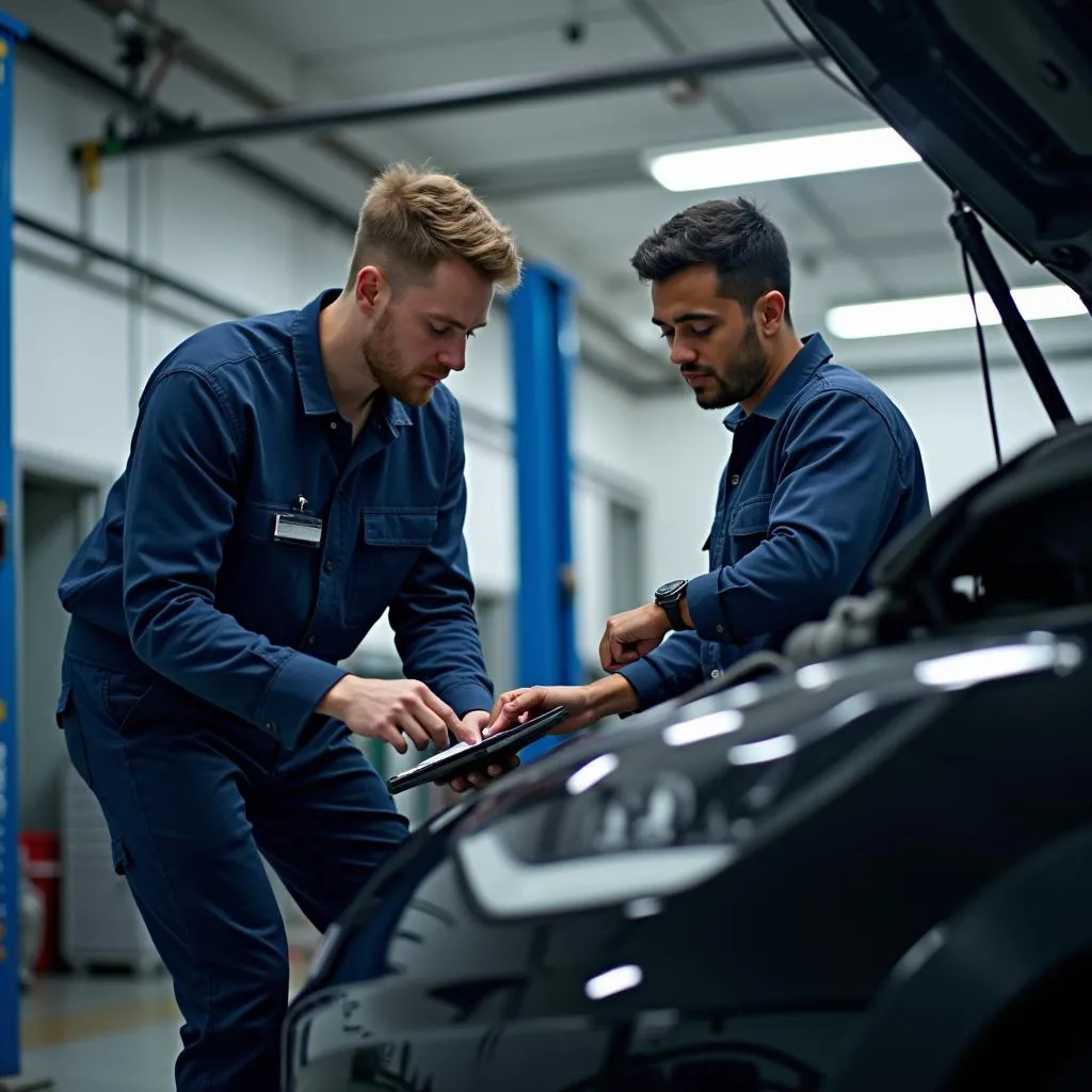 Techniciens automobiles travaillant sur un véhicule électrique