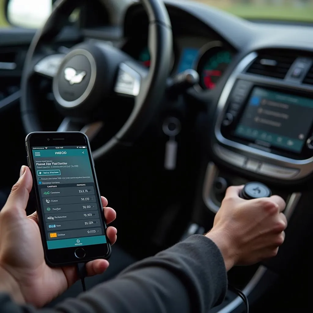 Un smartphone connecté au port OBD d'une voiture avec un câble