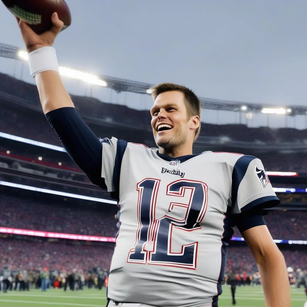 Tom Brady holding Super Bowl trophies