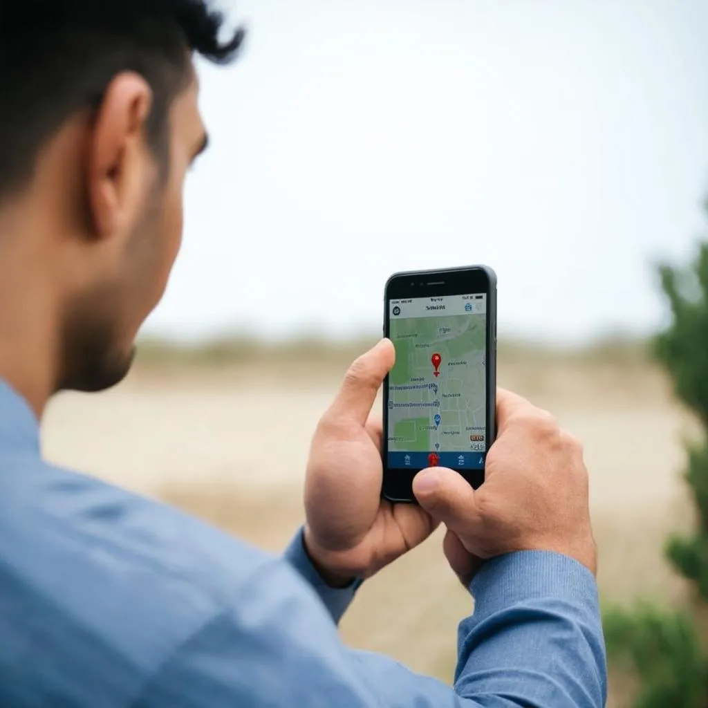 Un homme regarde l'application de suivi GPS sur son smartphone