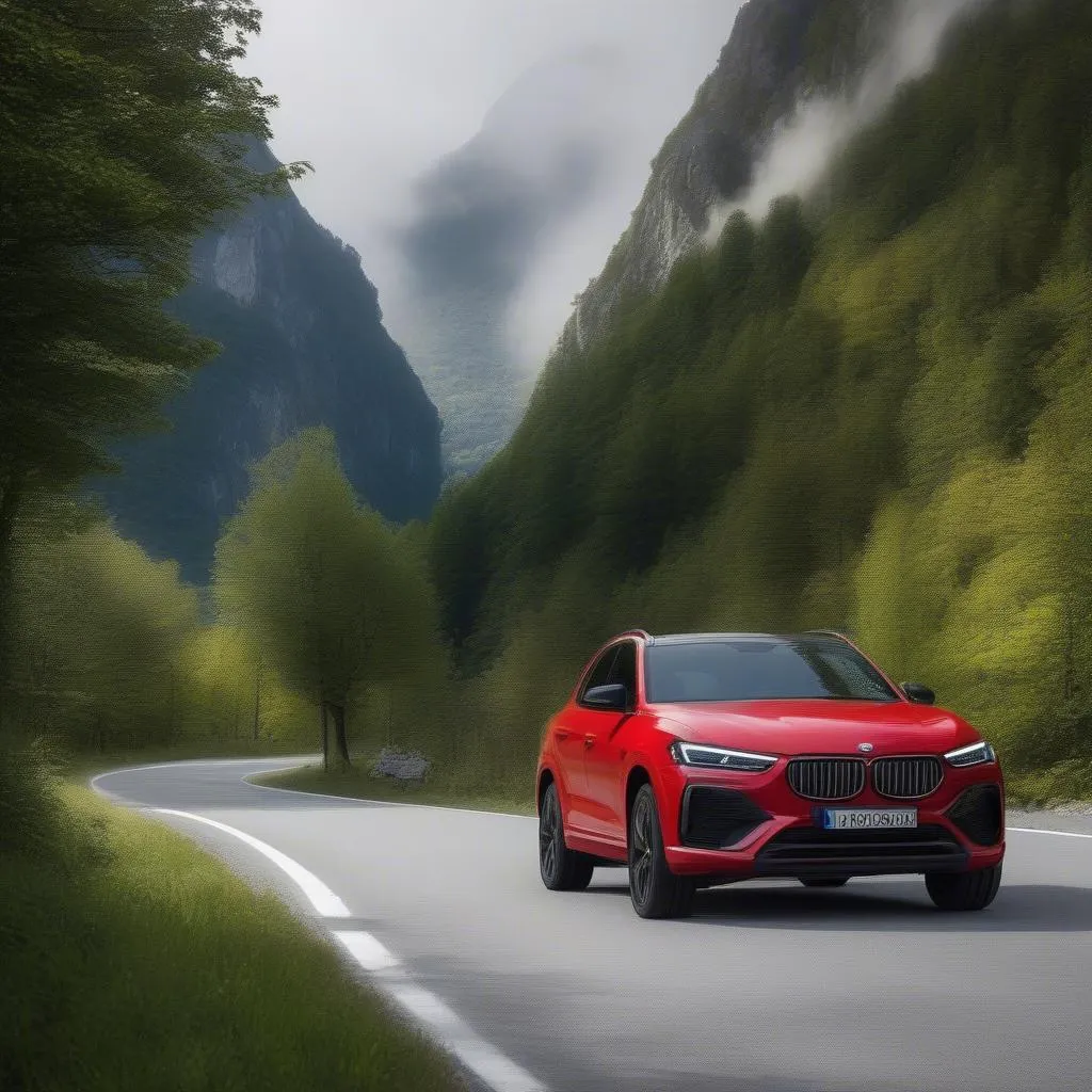 Voiture de sport rouge sur une route de montagne sinueuse