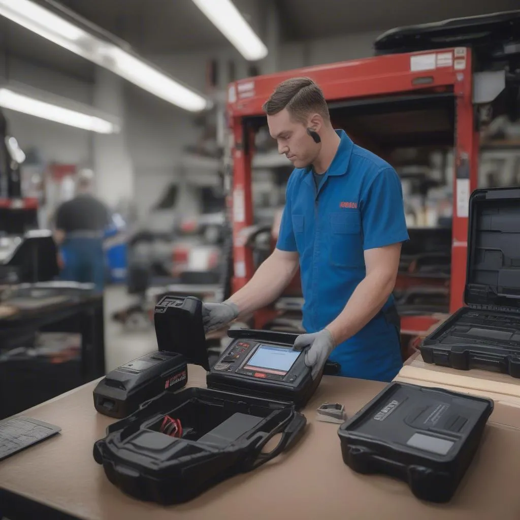 Scanner Autel sur un poste de travail dans un atelier automobile