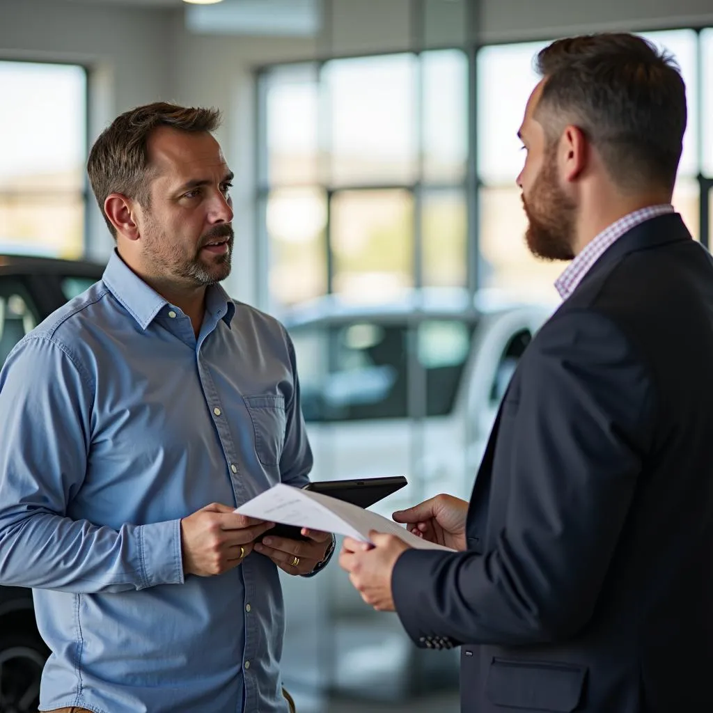 Un vendeur automobile à Albuquerque conseille un client sur le choix d'une voiture