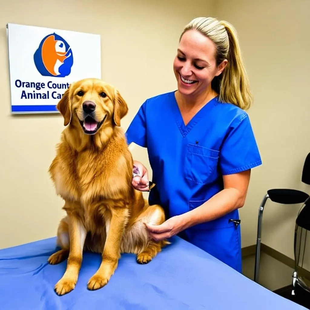 Veterinarian examining a happy dog at the Orange County Animal Care