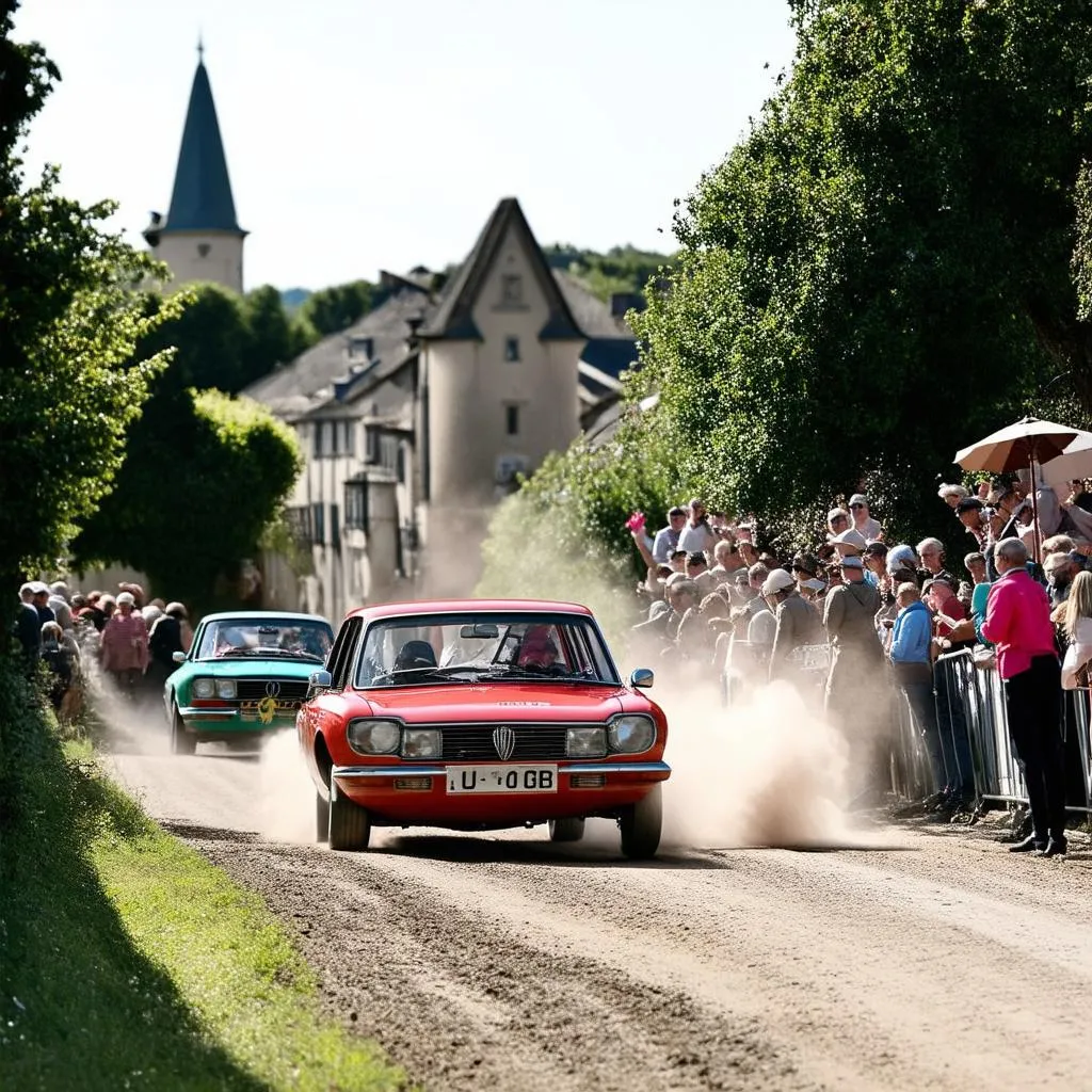 Course de voitures anciennes dans un village français