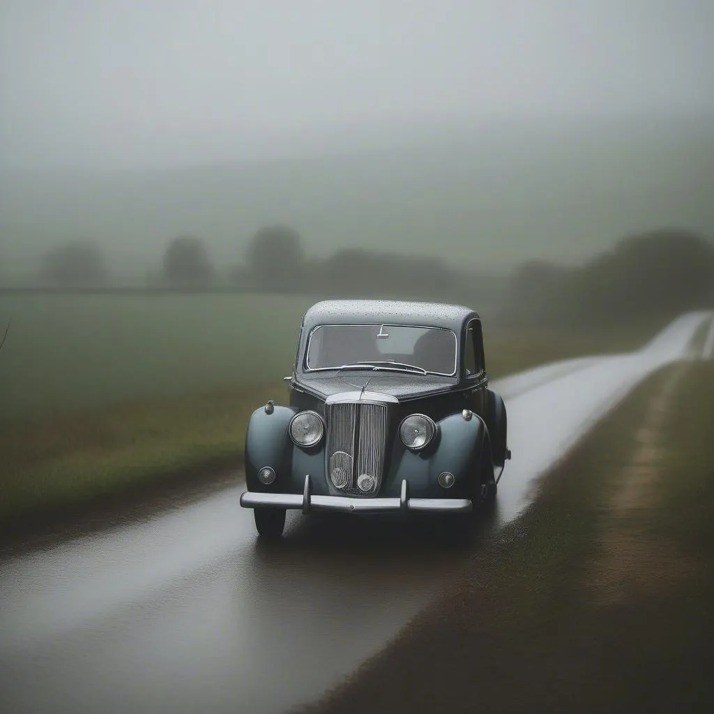 Voiture vintage sous la pluie à la campagne