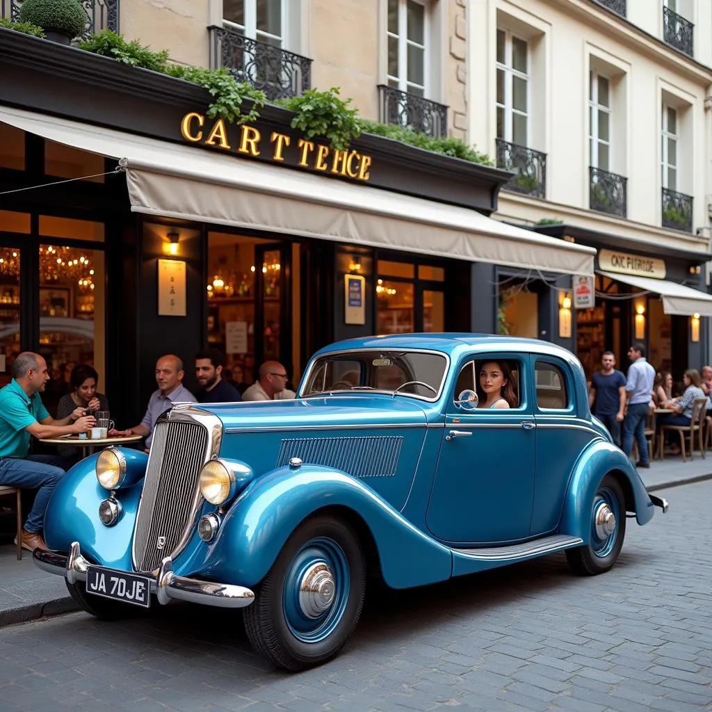 Voiture ancienne bleue devant un café parisien