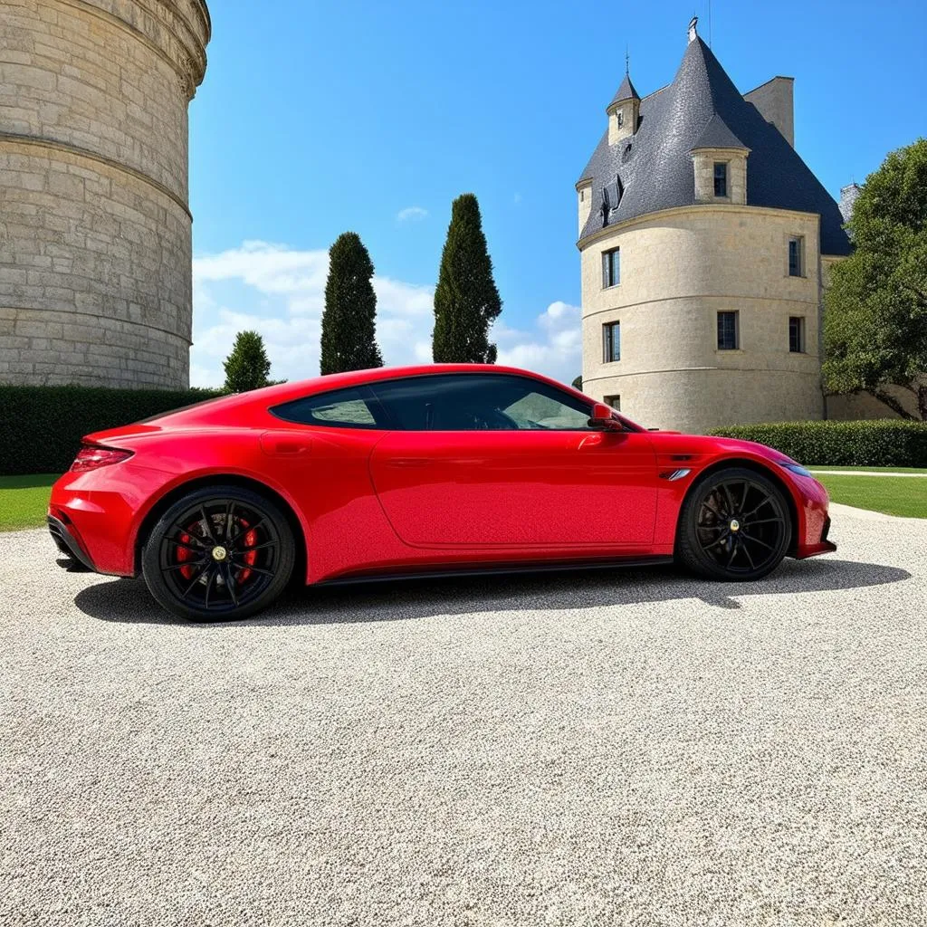 Voiture de sport rouge garée devant un château français