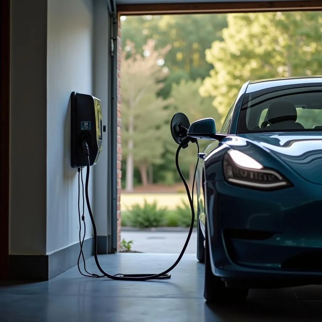 Voiture électrique branchée à une borne à domicile