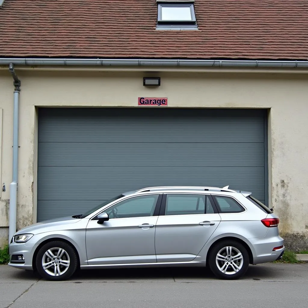 Une voiture est garée devant un garage à Saint Laurent des Autels