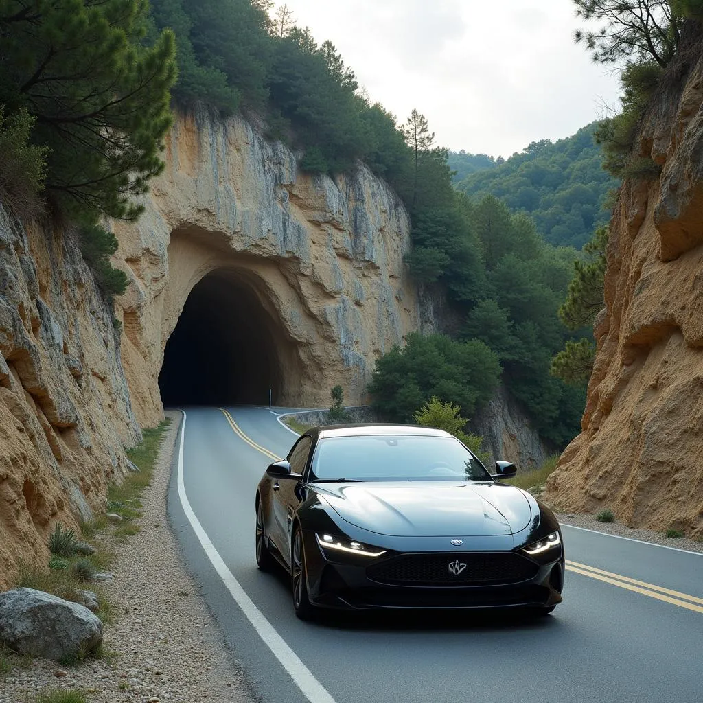 Voiture moderne sur une route de montagne avec la Grotte de l'Homme Blafard en arrière-plan