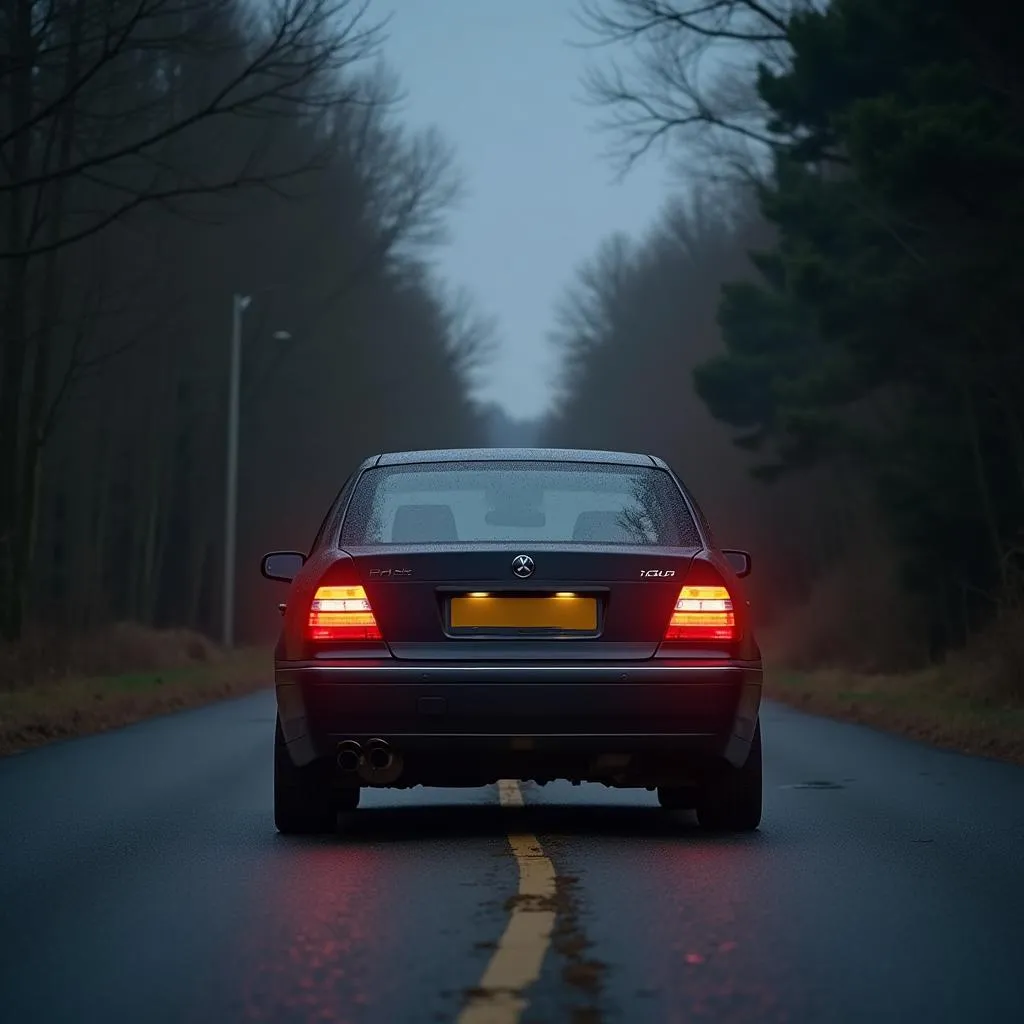 Voiture en panne sur le bord de la route avec les feux de détresse allumés