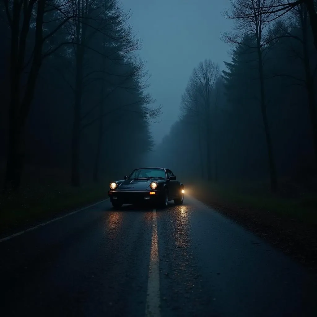 Voiture en panne sur le bord d'une route en forêt la nuit